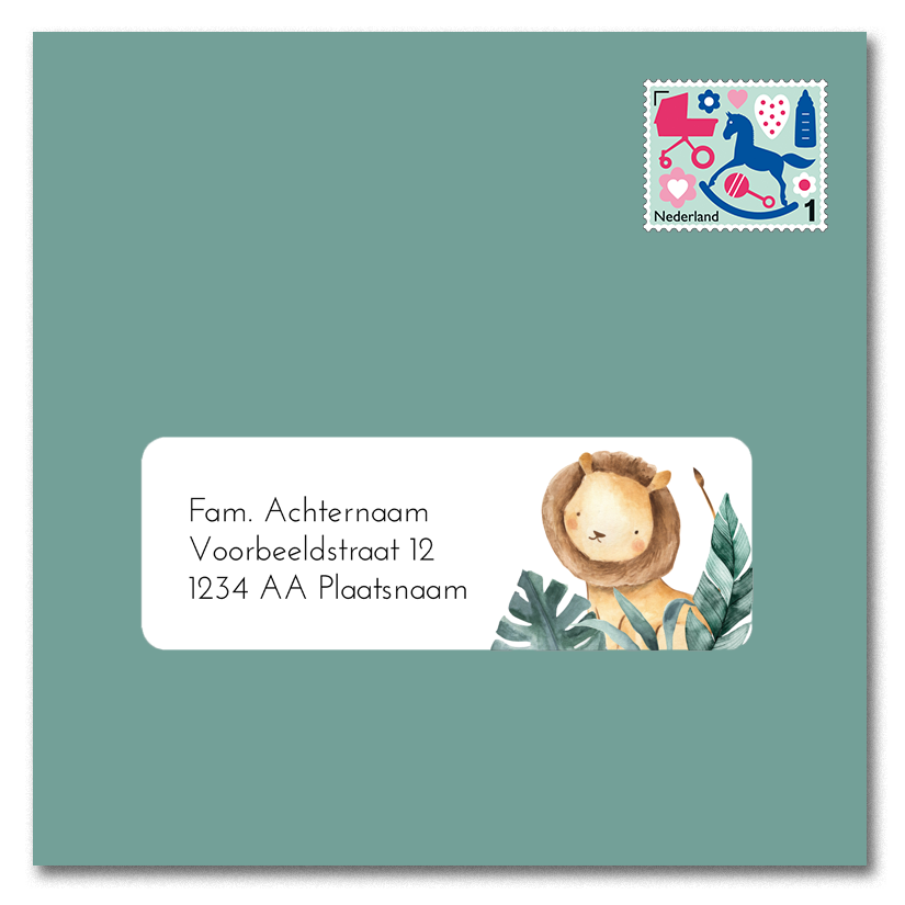 Adressticker met leeuw tussen de bladeren