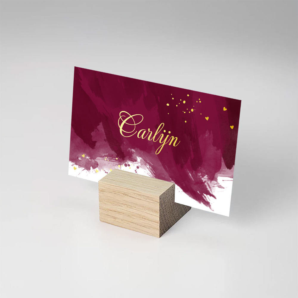 Naamkaartjes huwelijk rood watercolour brush goudfolie