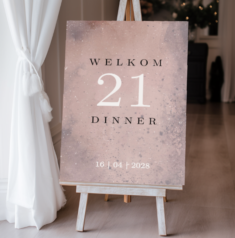 Welkomstbord 21 diner feest modern roze