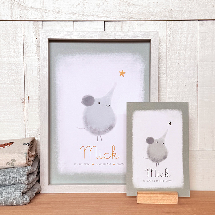 Geboorteposter jongen met olifantje – grijsgroen