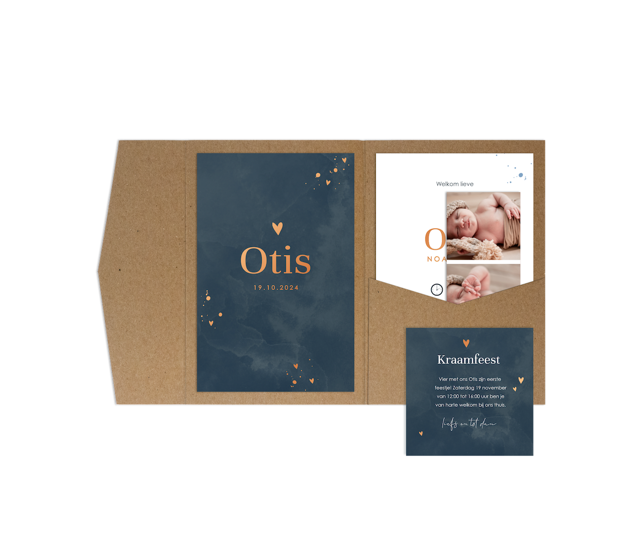 Pocketfold geboortekaartje donkerblauw met hoogglans