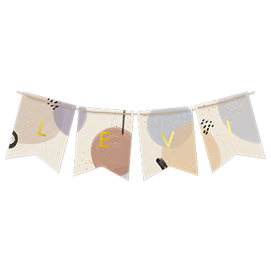 Vlaggetjes geboortekaartje met waterverf elementen en goudfolie