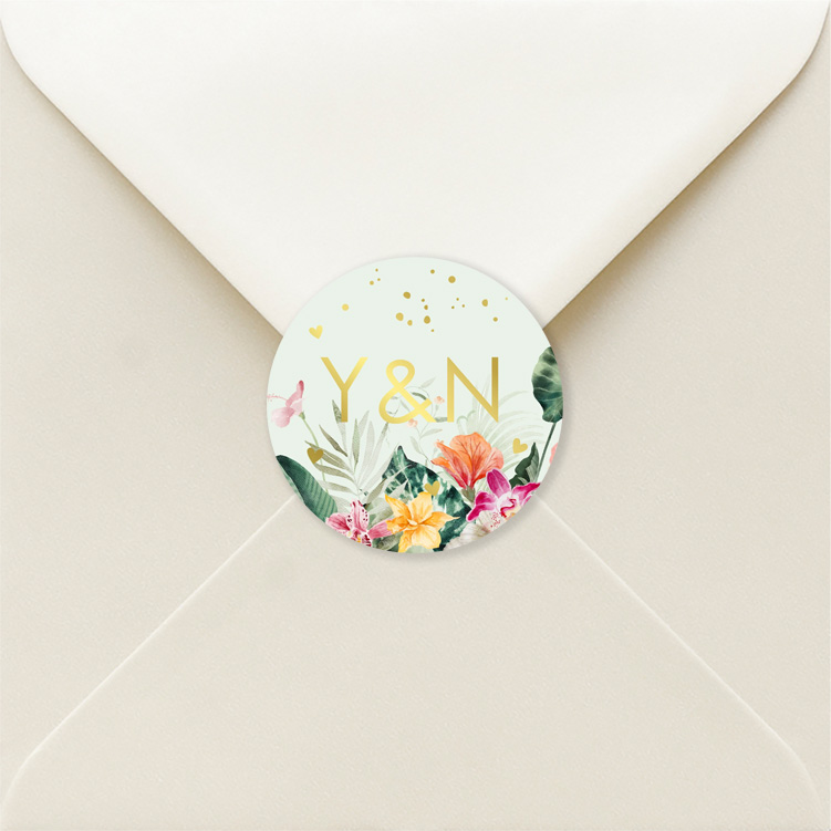 Sluitstickers lichtgroen tropische bloemen goudfolie | 25 stuks
