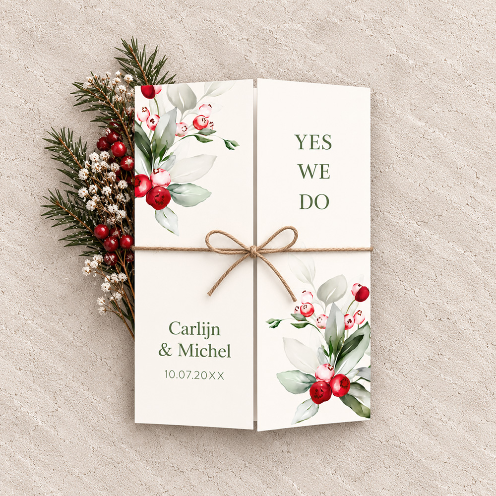 Drieluik trouwkaart kerst maretak rood groen winter wedding