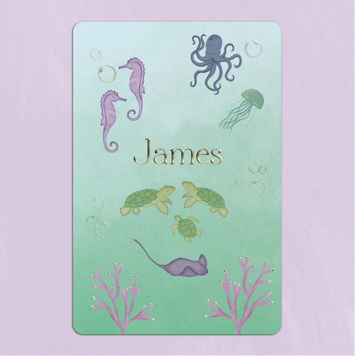 Geboortekaartje met zeedieren, schelpen en parels blauw groen