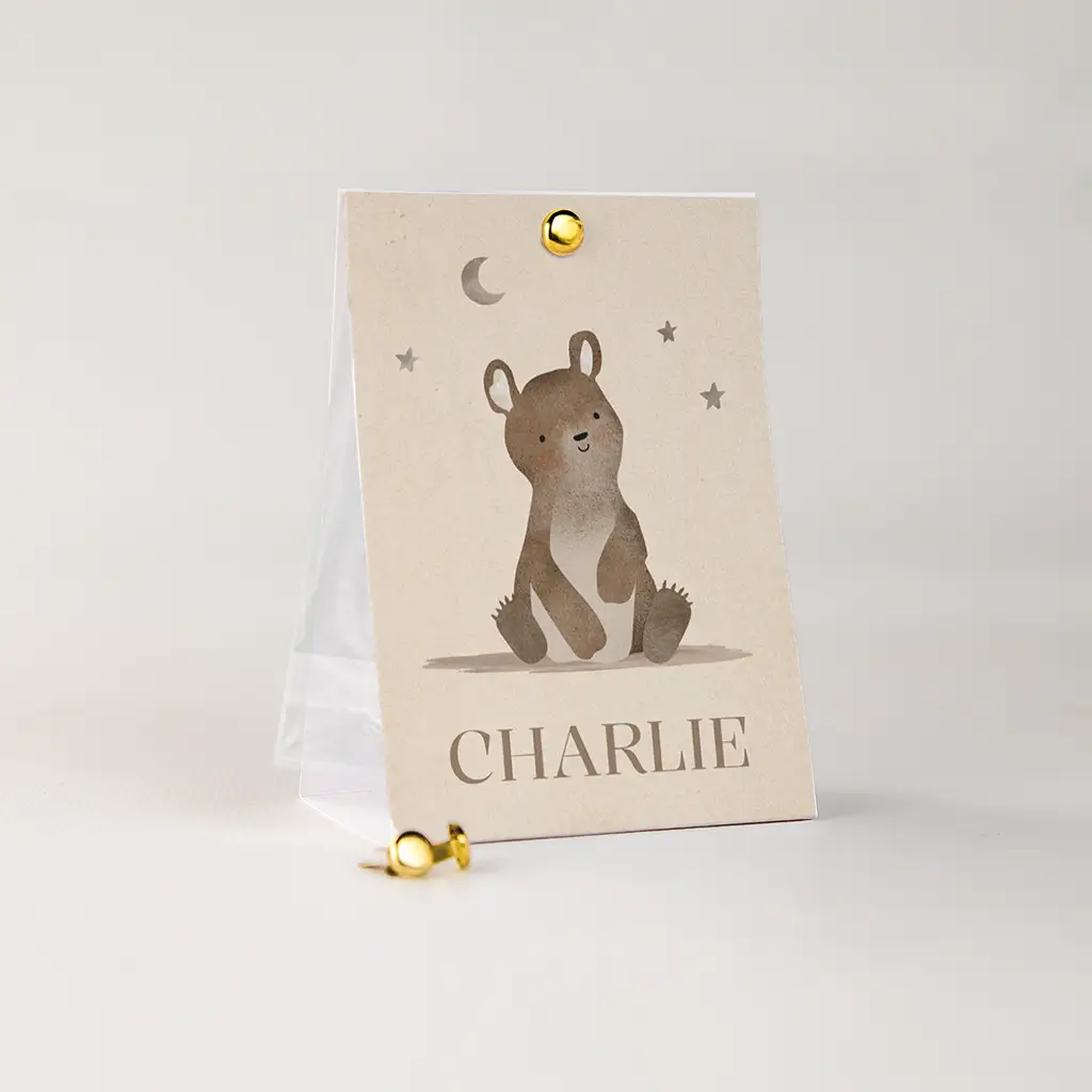 Doopsuiker snoepzakje beige naam en lief beertje