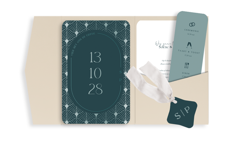 Trouwkaart Art Deco pocketfold met groene hoogglans