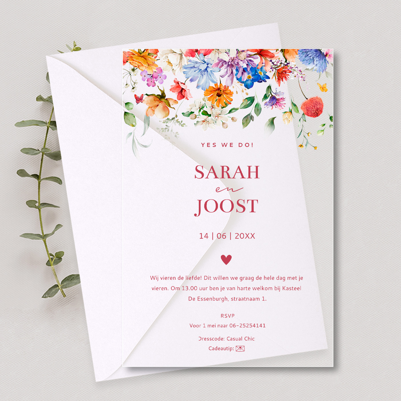 Acryl transparant plexiglas trouwkaart kleurrijke bloemen