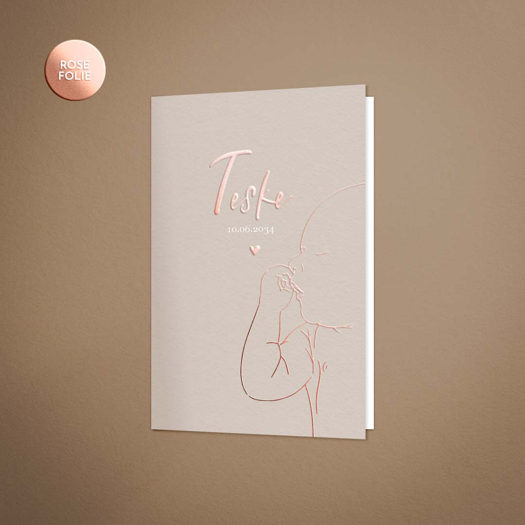 Lief geboortekaartje met lijntekening en roségoudfolie voor een meisje