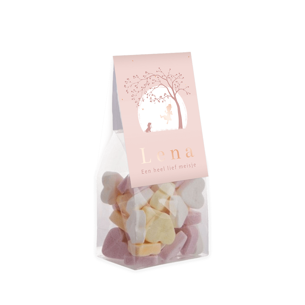 Vouwkaartje met roségoudfolie en silhouetje van meisje op de schommel