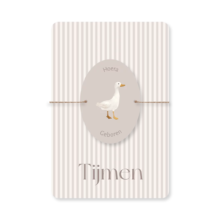 Geboortekaartje beige streep met ovalen label gansje