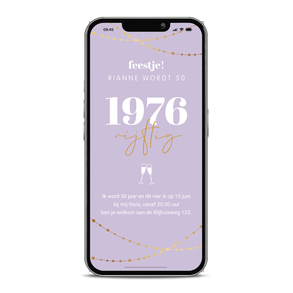 Hippe digitale uitnodiging verjaardag 50 jaar met jaartal en slinger