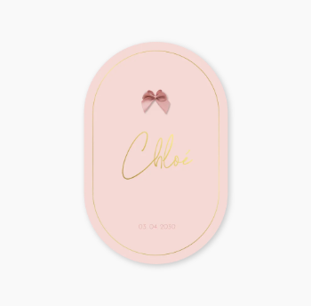 Ovaal geboortekaartje meisje met goudfolie en optioneel écht strikje