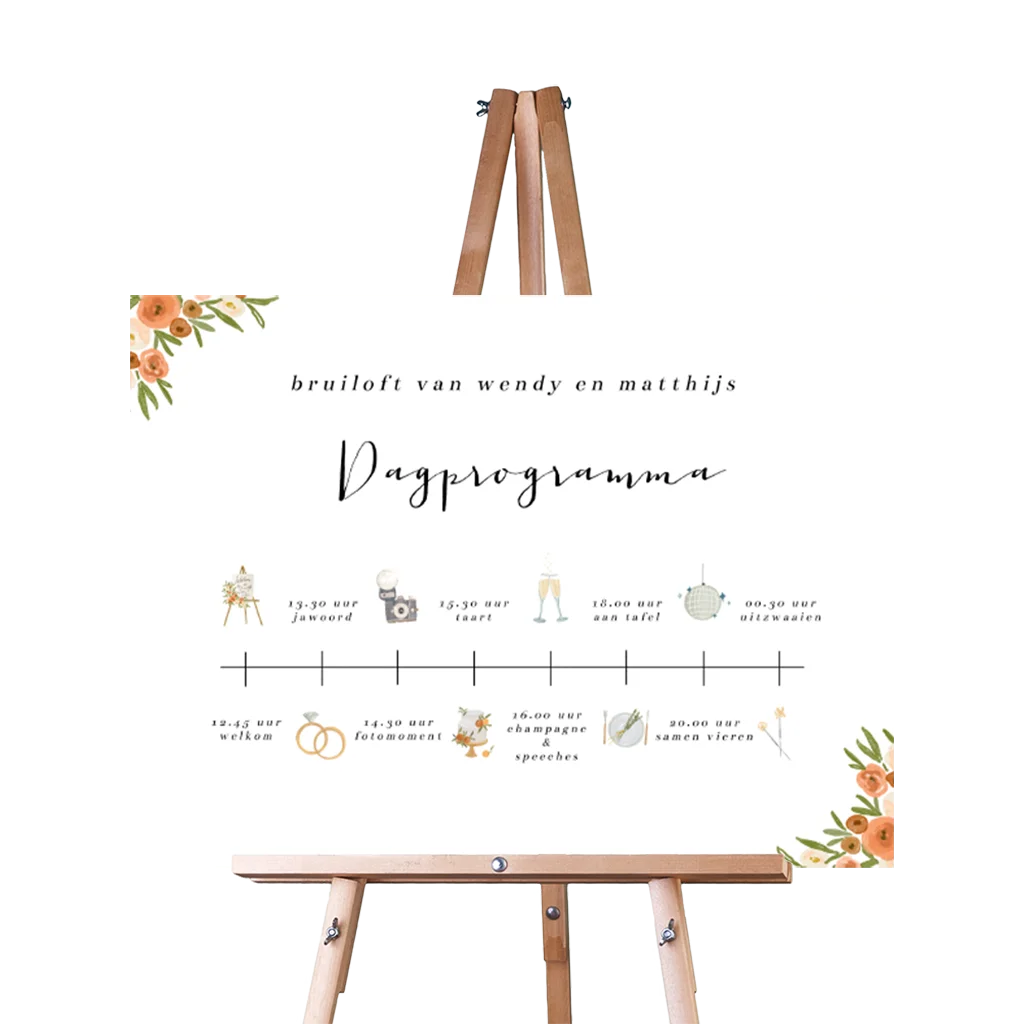 Programmabord bruiloft in herfstkleuren met tijdlijn