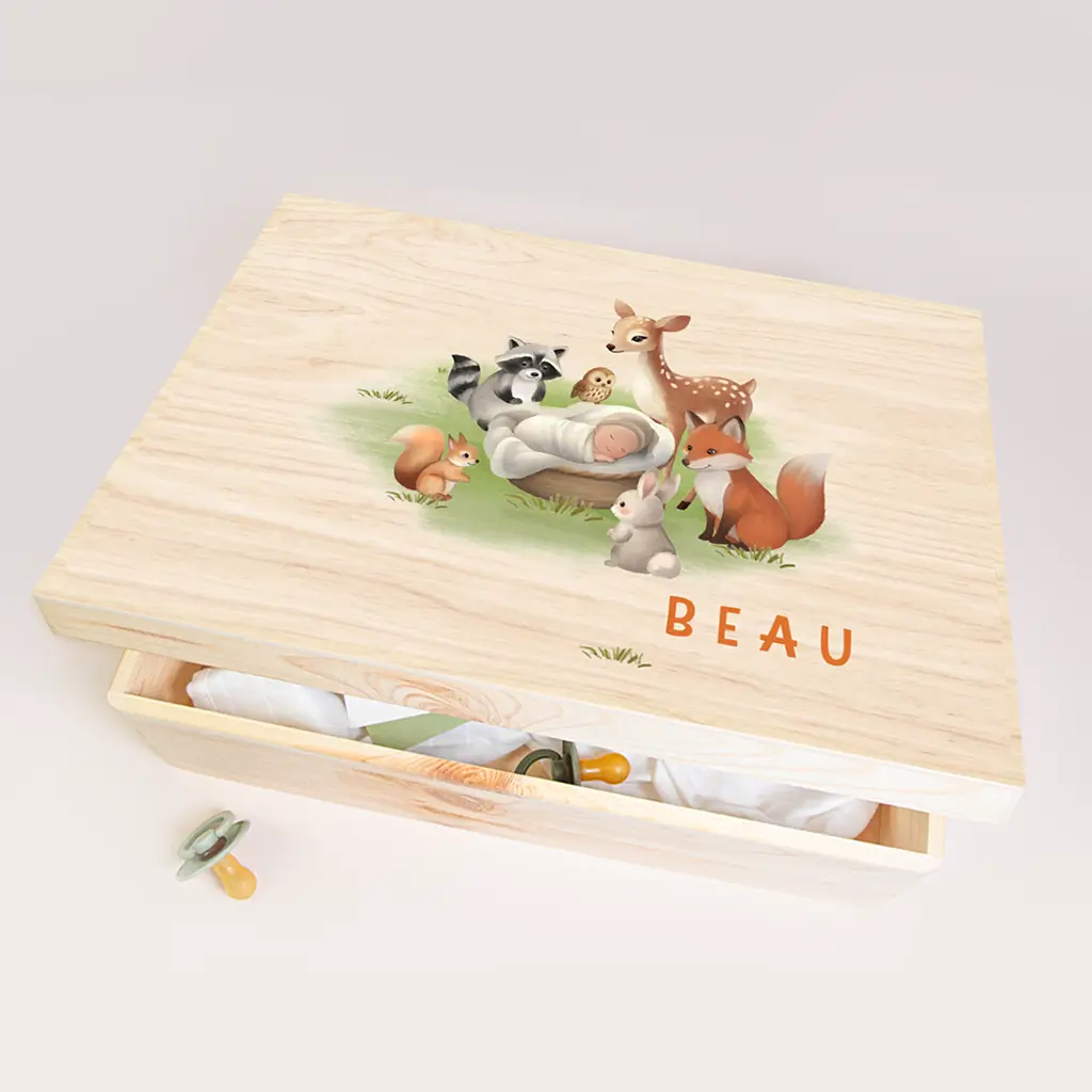 Memorybox baby met bosdieren en baby in mandje