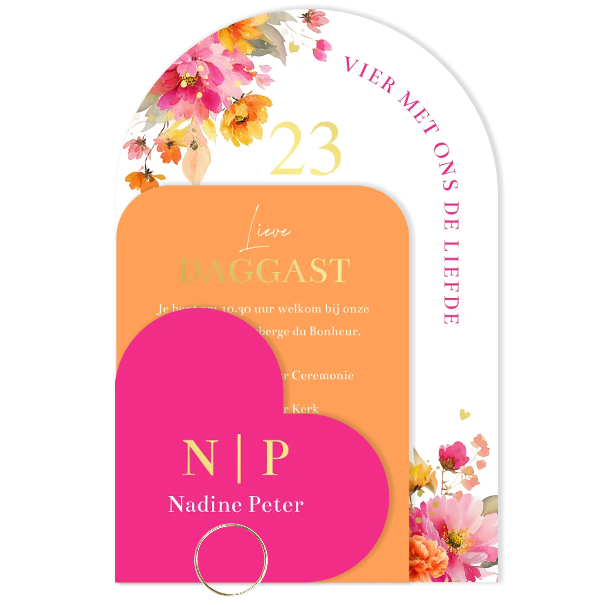 Trouwkaart labelkaart bloemen pink orange | 11.4 × 17.1 cm