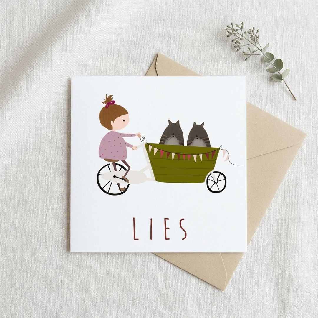 Geboortekaartje meisje bakfiets poezen