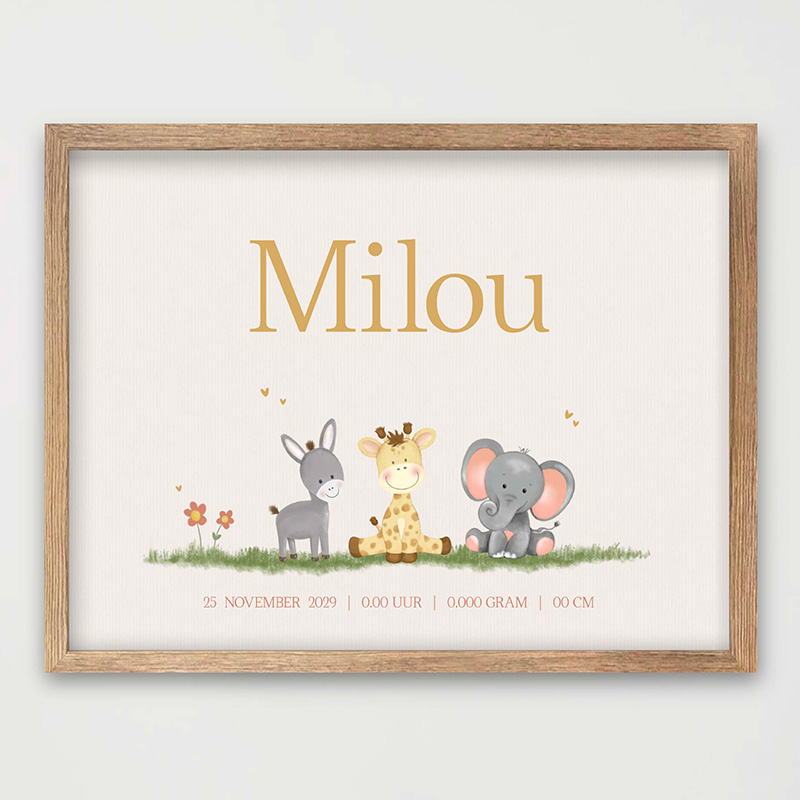 Babykamerposter Milou – met giraffe, ezeltje en olifantje