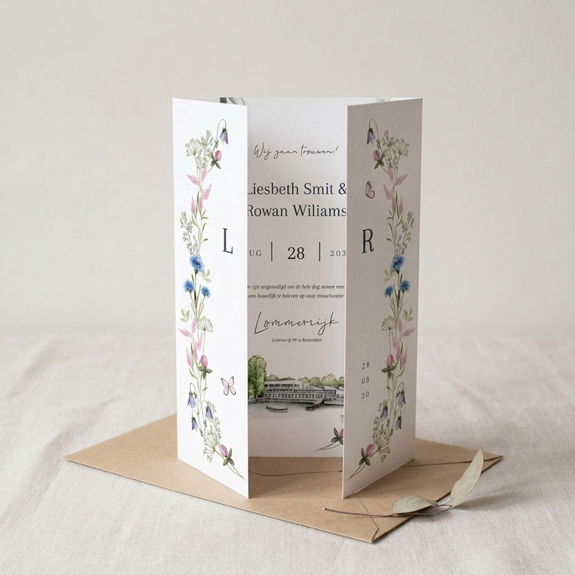 Luikvouw trouwkaart veldbloemen pastel chique trouwlocatie