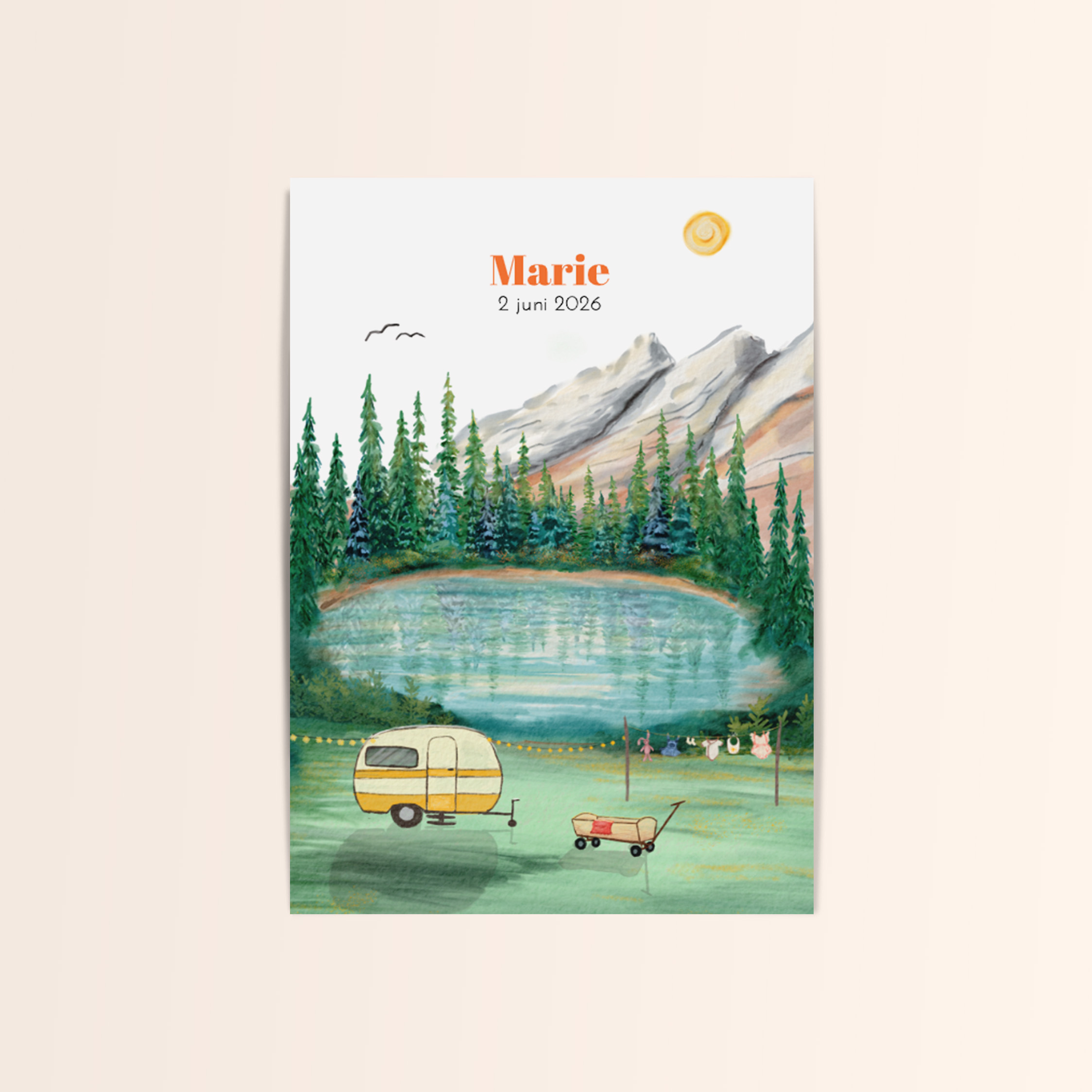 Geboortekaartje met caravan aan het water