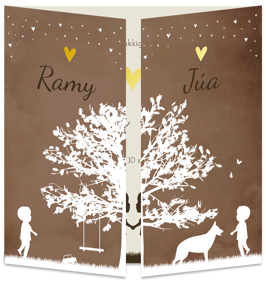 Geboortekaartje Tweeling Luikkaartje bruin silhouet