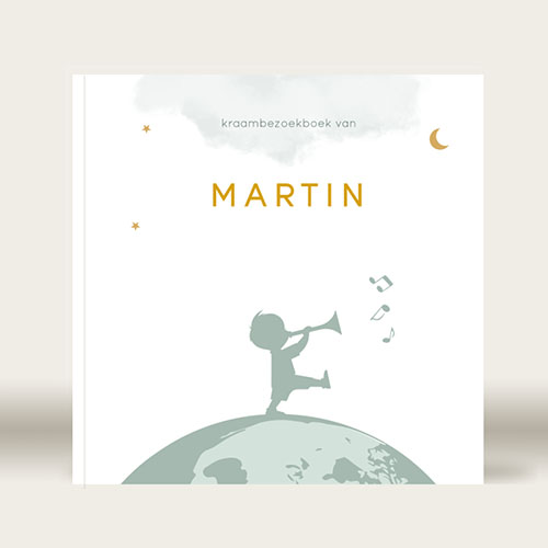 kraambezoekboek jongen silhouet trompet wereldbol