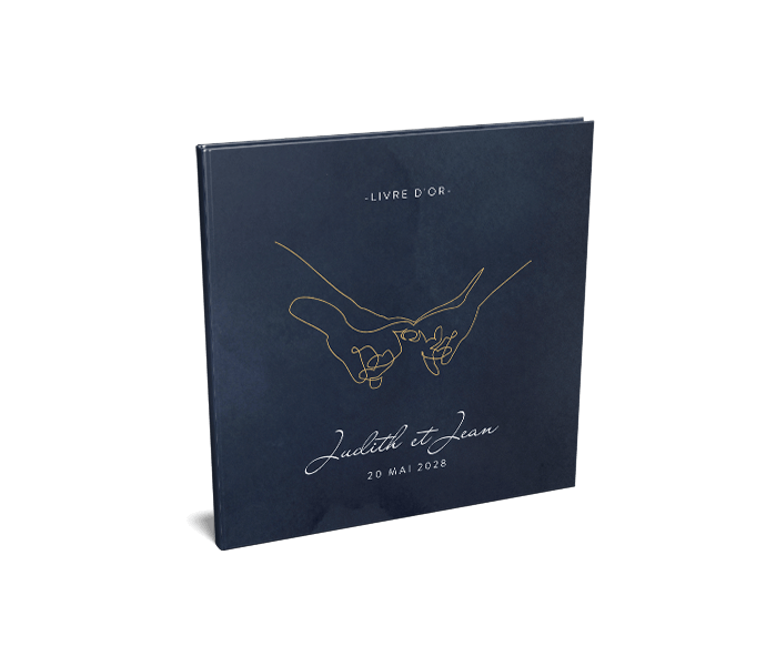 Livre d'or bleu foncé avec un dessin de mains