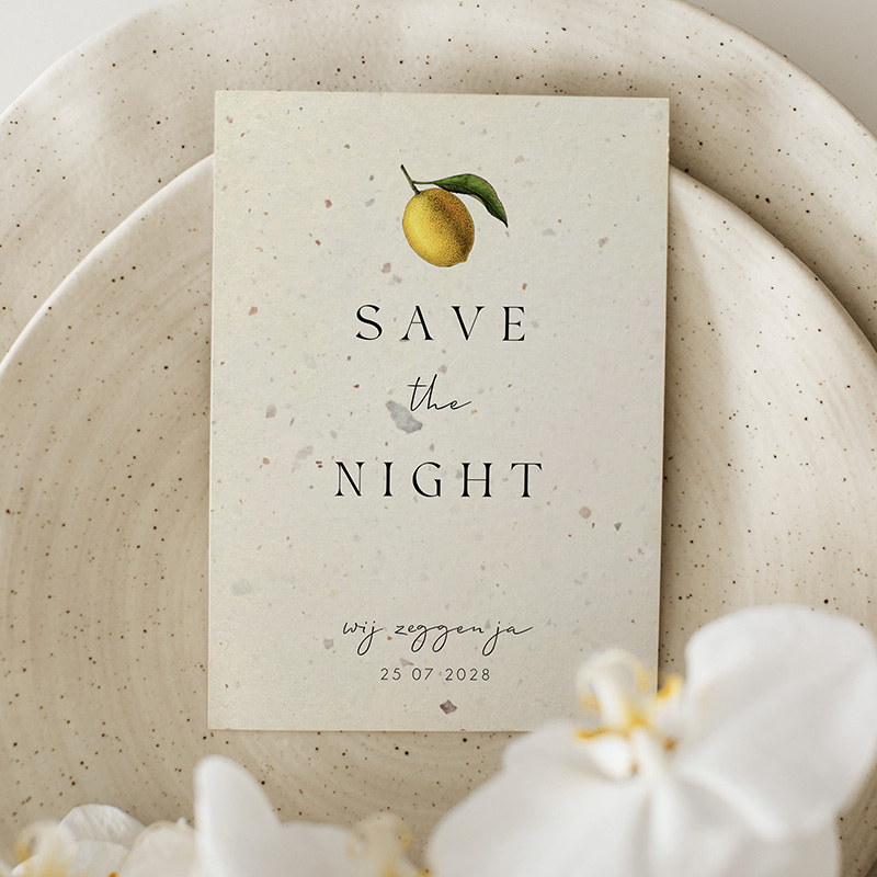 Save the night duurzame mediterraanse trouwkaart met citroentje