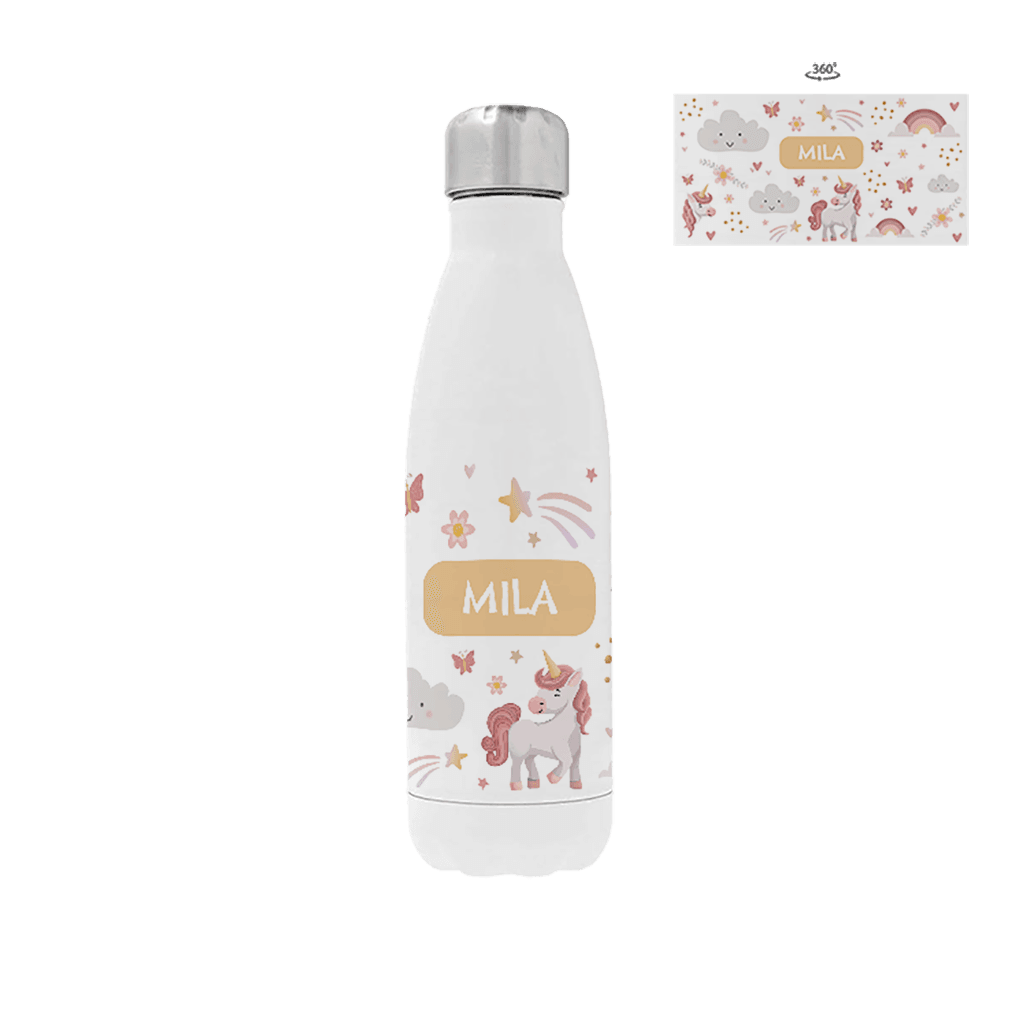Drinkfles RVS met naam, eenhoorn en regenboogje