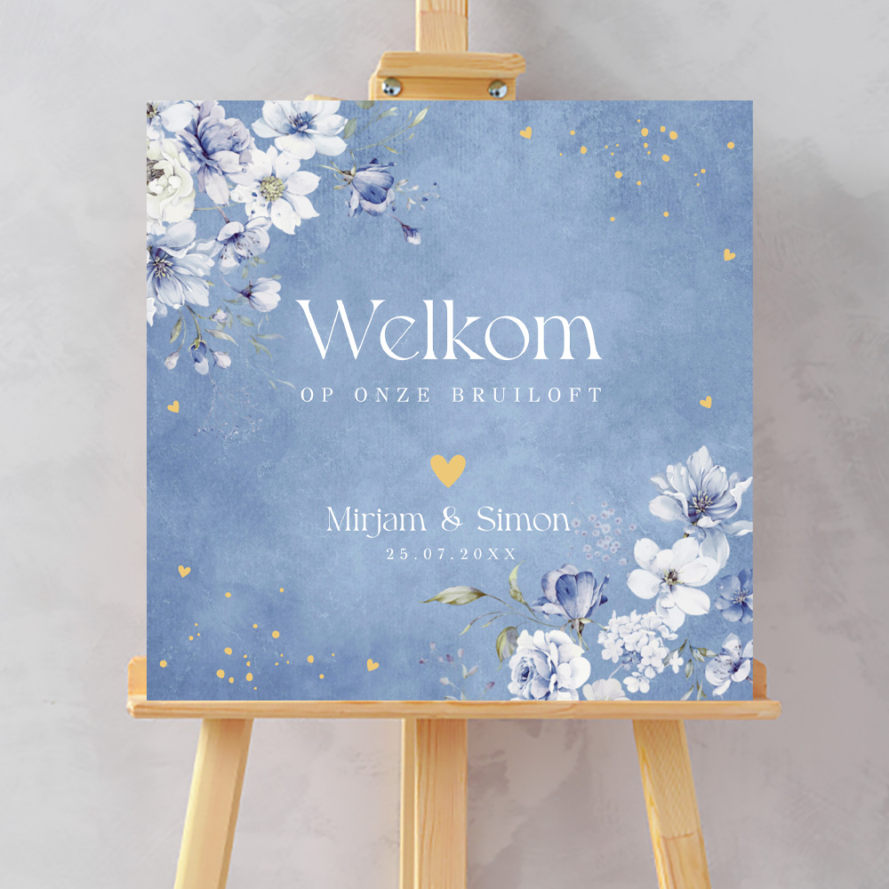 Bruiloftsbord bloemen blauw watercolour romantisch