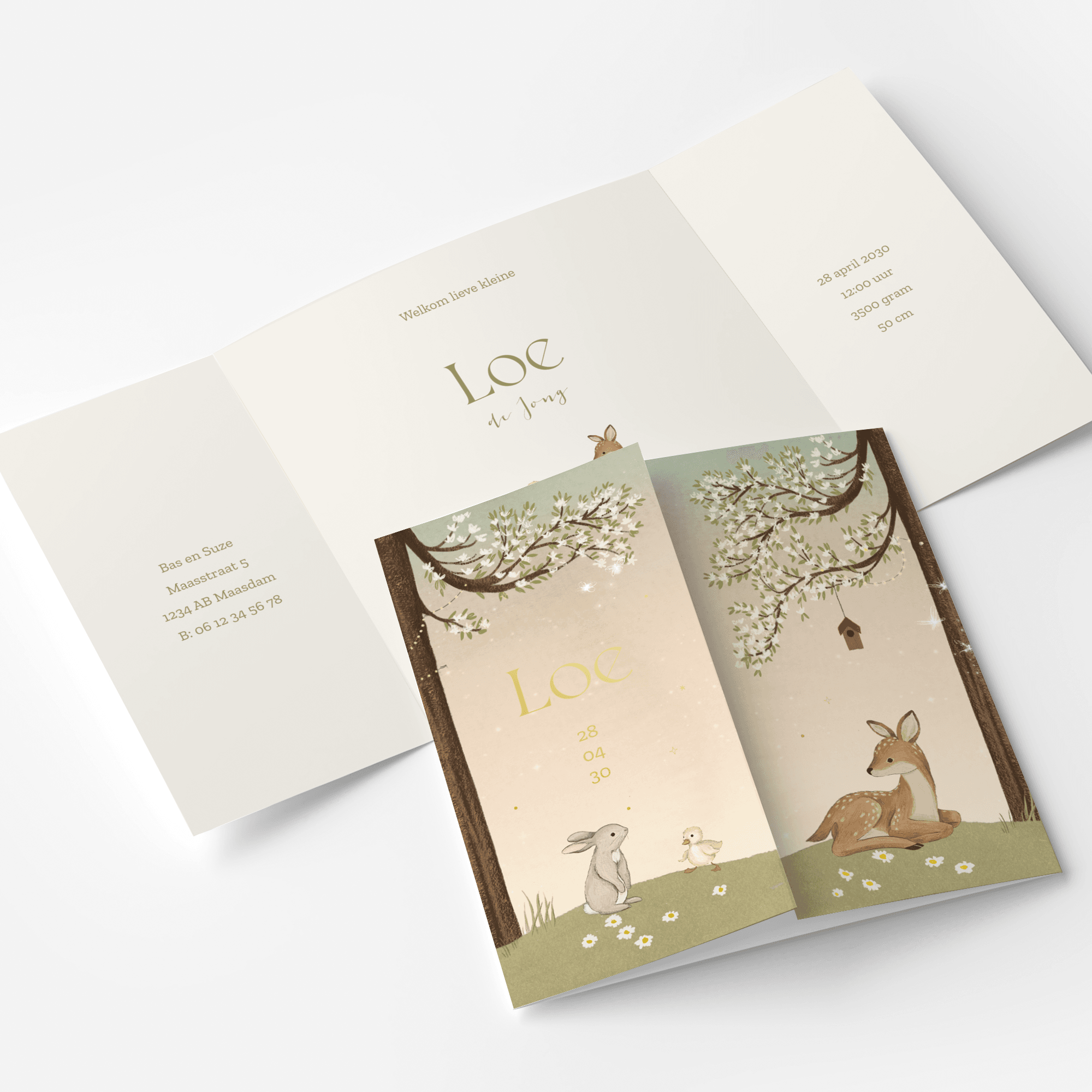 Lente geboortekaartje met theatervouw, dieren in het bos en goudfolie