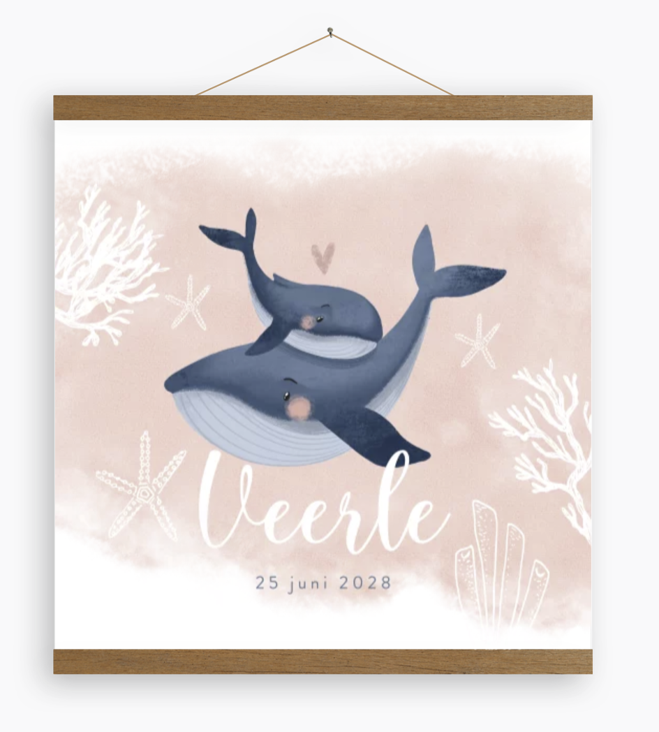 Roze canvasposter onderwater walvis en baby walvis