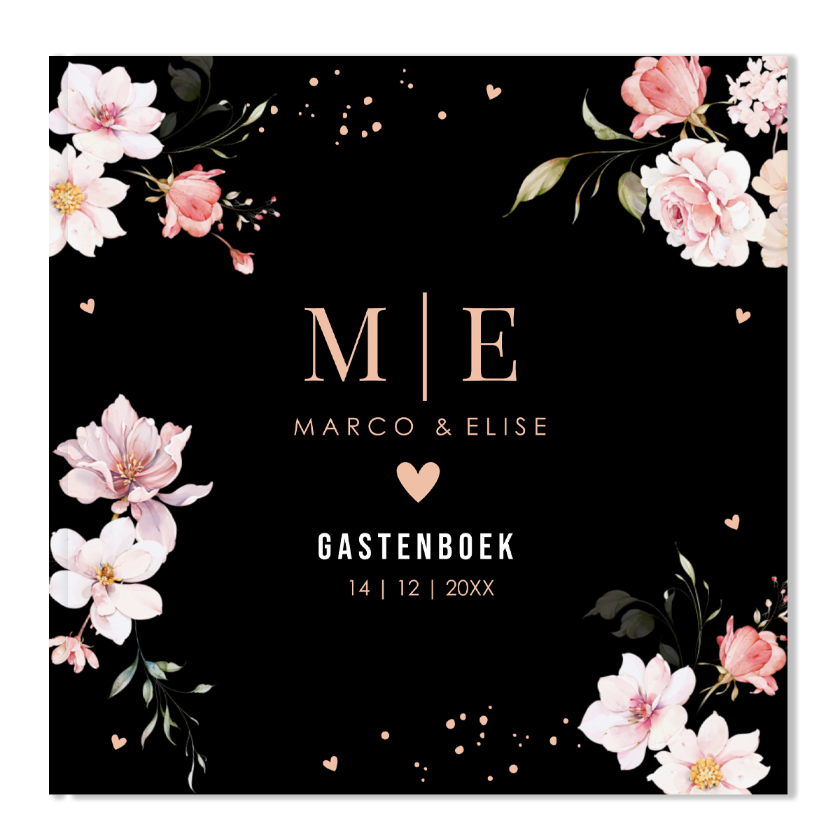 Gastenboek huwelijk zwart met roze bloemen