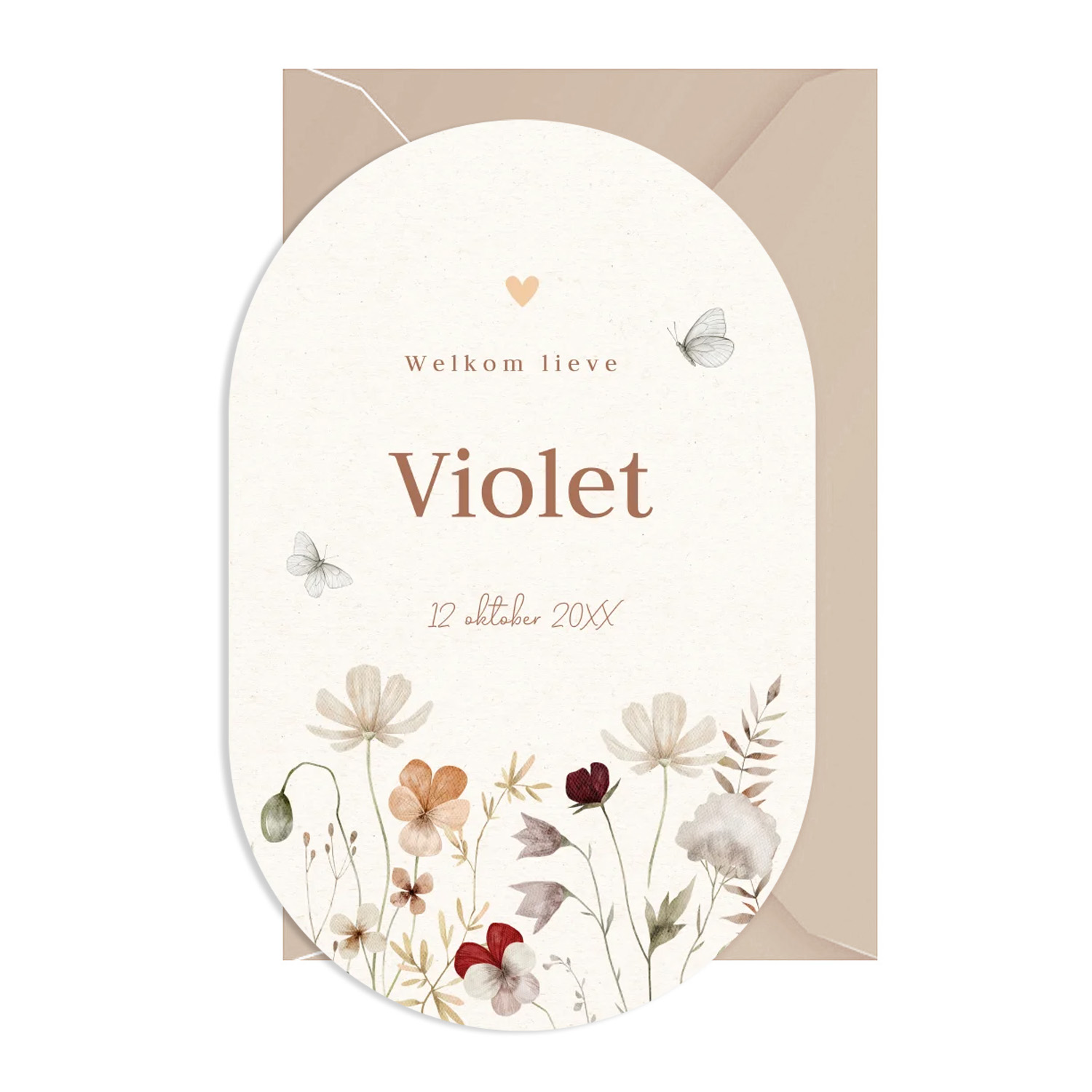 Geboortekaartje meisje beige bloemen ovaal