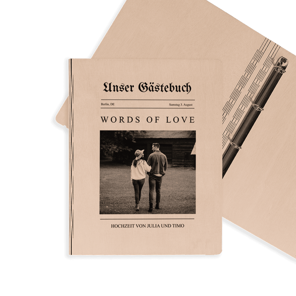 Gästebuch Hochzeit aus Holz großem Foto im Zeitungsstil