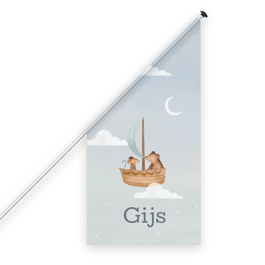 Geboortevlag dromerig met beer en muis in boot