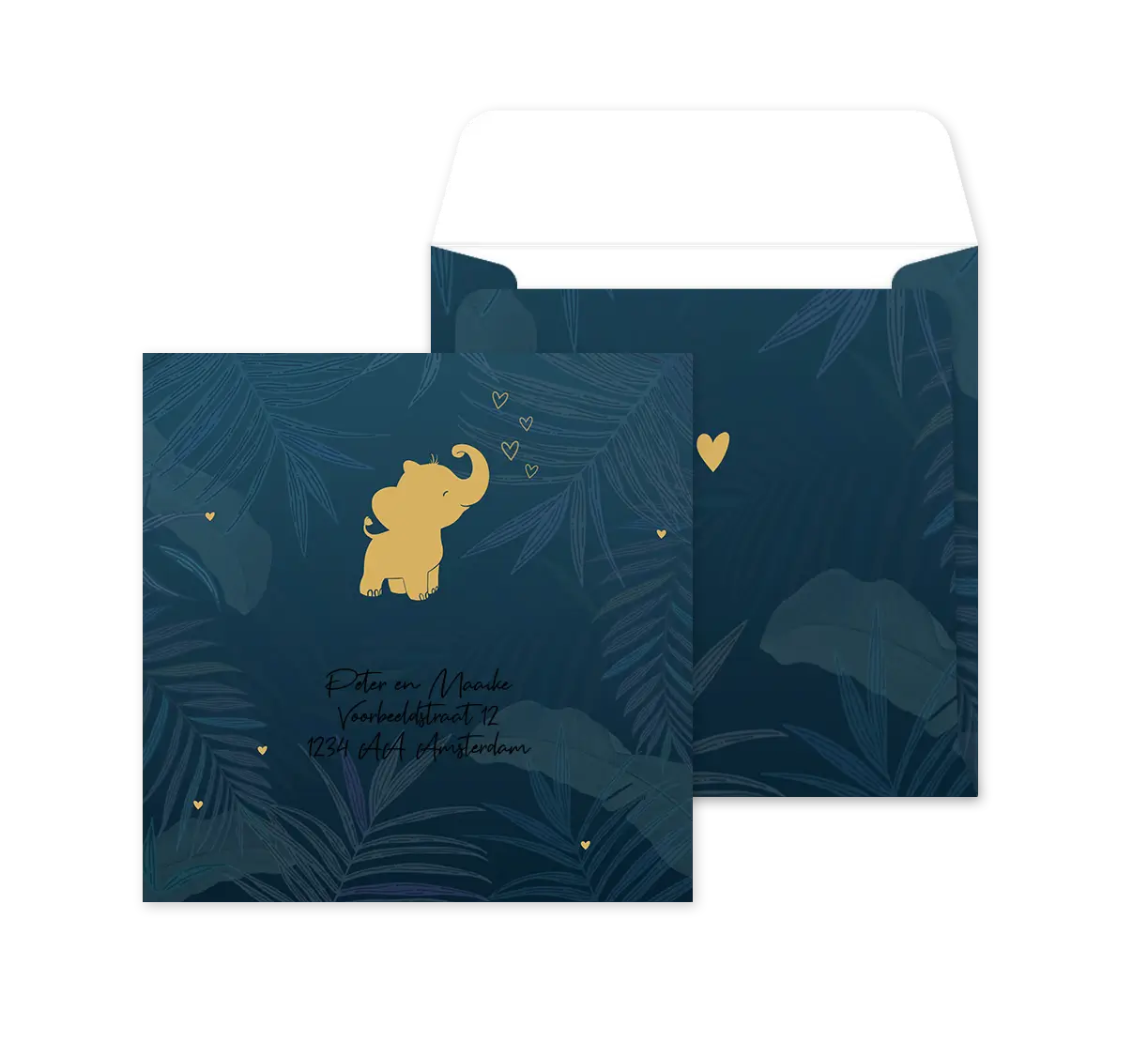 Avontuurlijke envelop op maat met silhouet van olifant en hartjes