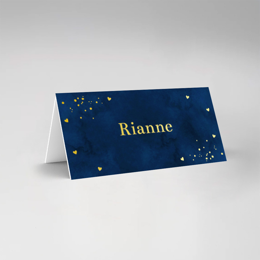 Bruiloft naamkaartjes dubbel gevouwen donkerblauw goudfolie