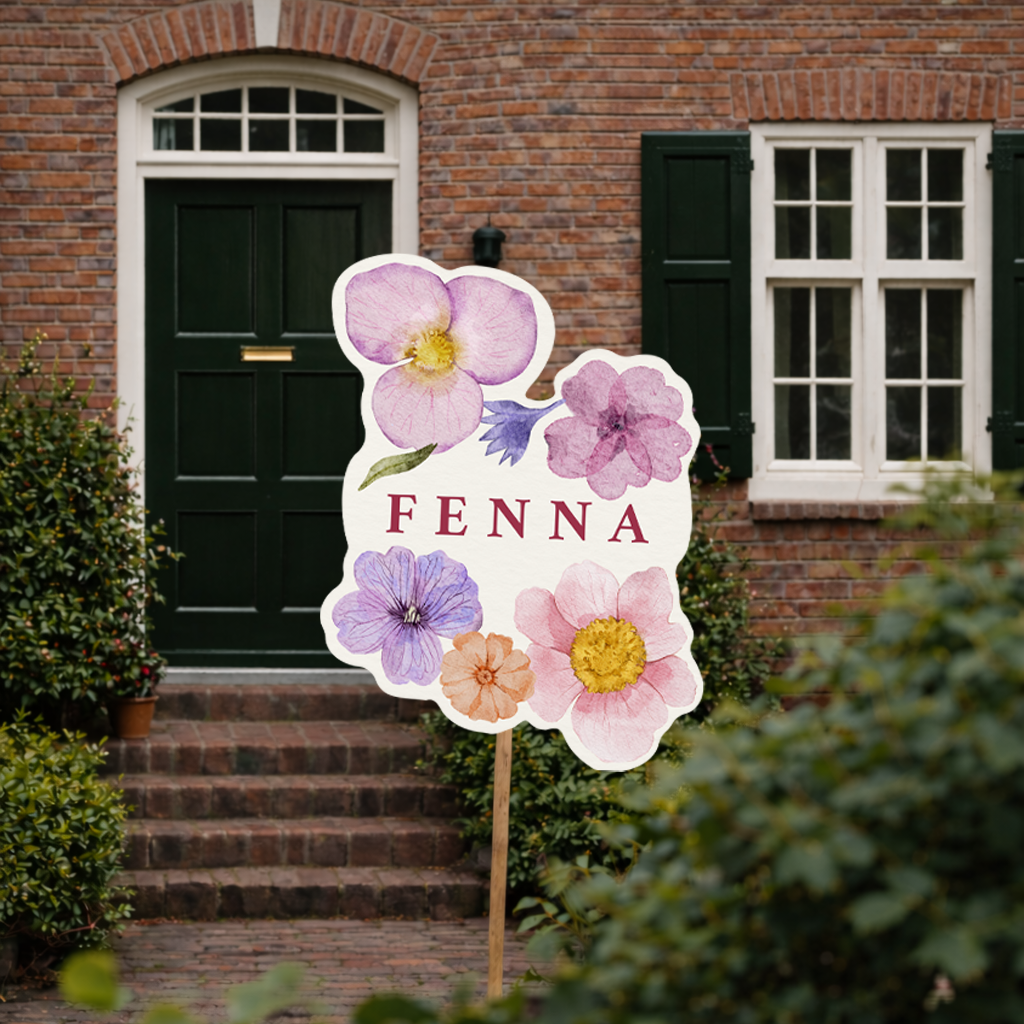 Tuinbord met lila en roze bloemen – Bloemen geboortebord tuin