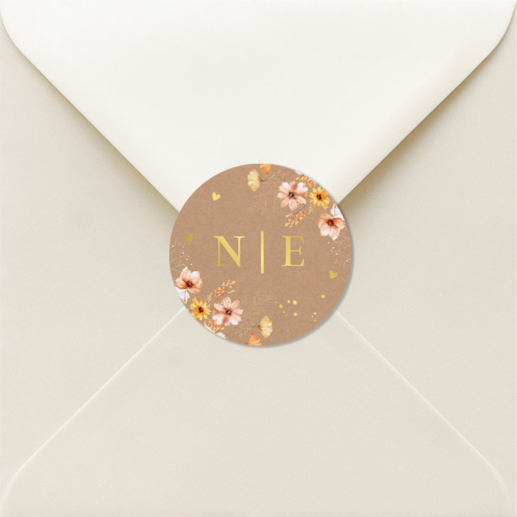 Sluitzegels huwelijk bloemen oranje geel goudfolie