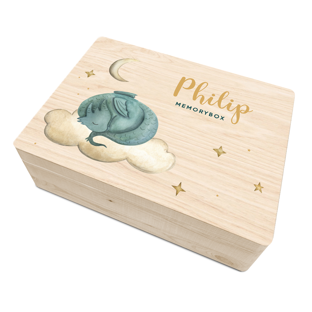 Jongens geboorte memory box met draakje op wolk tussen maan en sterren