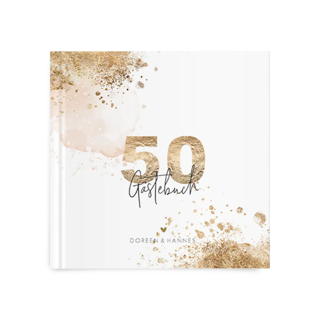 Gästebuch zur Goldenen Hochzeit in Weiss, Gold, Rosa 30x30cm