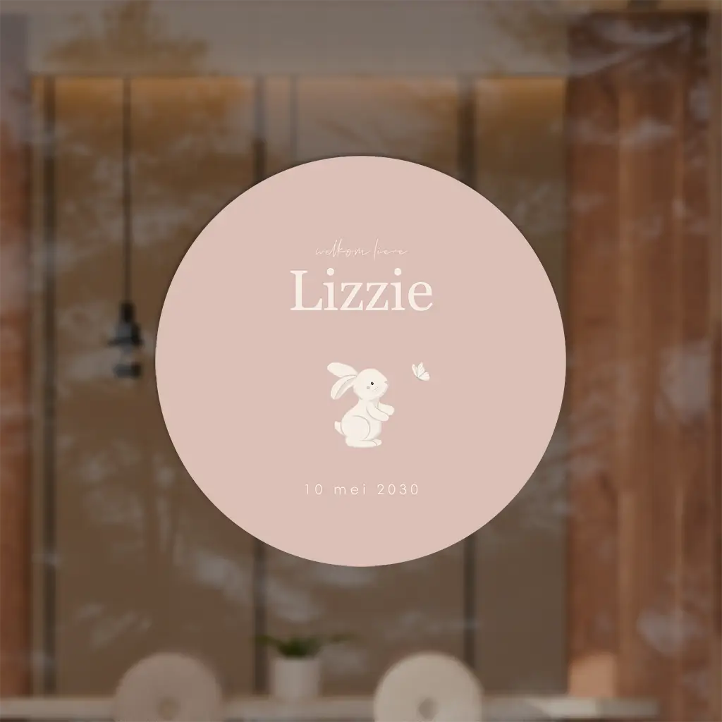 Raamsticker rond roze met lief konijntje