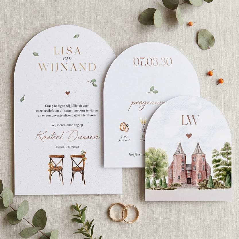 Trouwkaart set moderne losse kaartjes trouwlocatie blaadjes