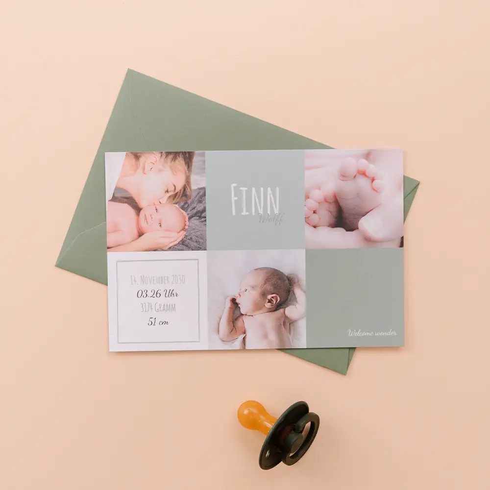 Coole Geburtskarte mit vielen Babyfotos und grünen Farbakzenten