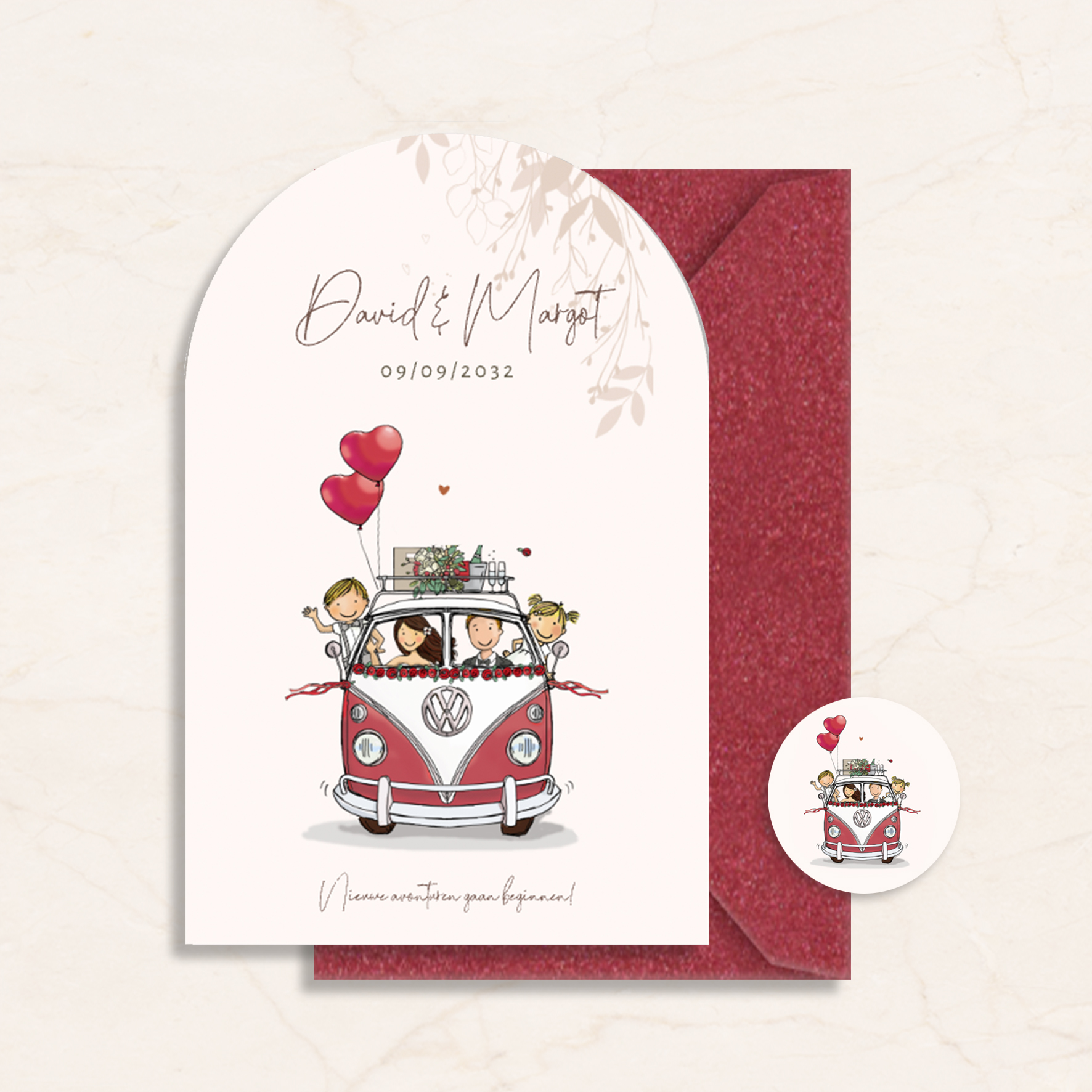 Trouwkaart bruidspaar met volkswagen bus rood