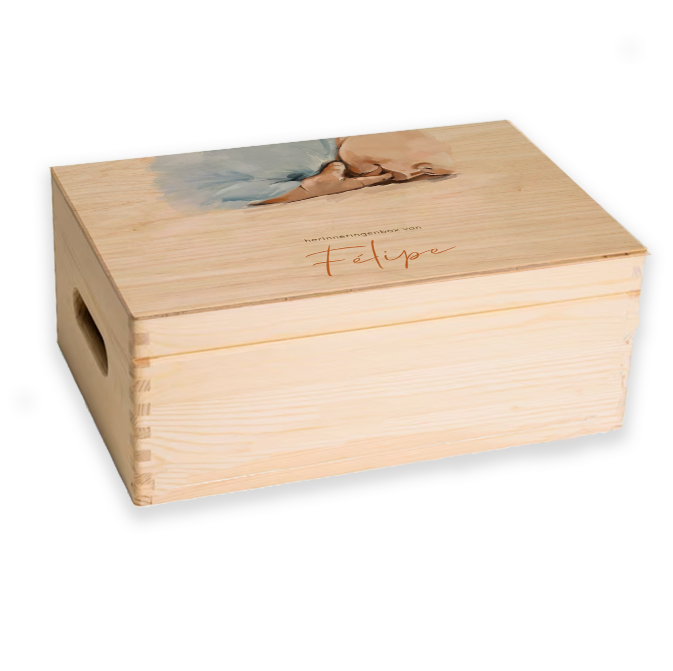 memorybox voor een jongen met olieverf tekening van een baby