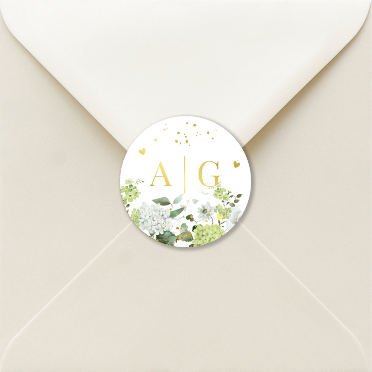 Stickers rond huwelijk bloemen hortensia groen goudfolie