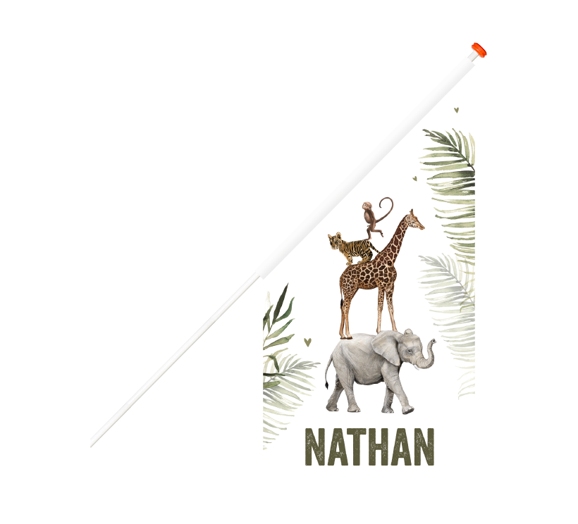 Geboortevlag in junglestijl met hartjes tussen de bladeren