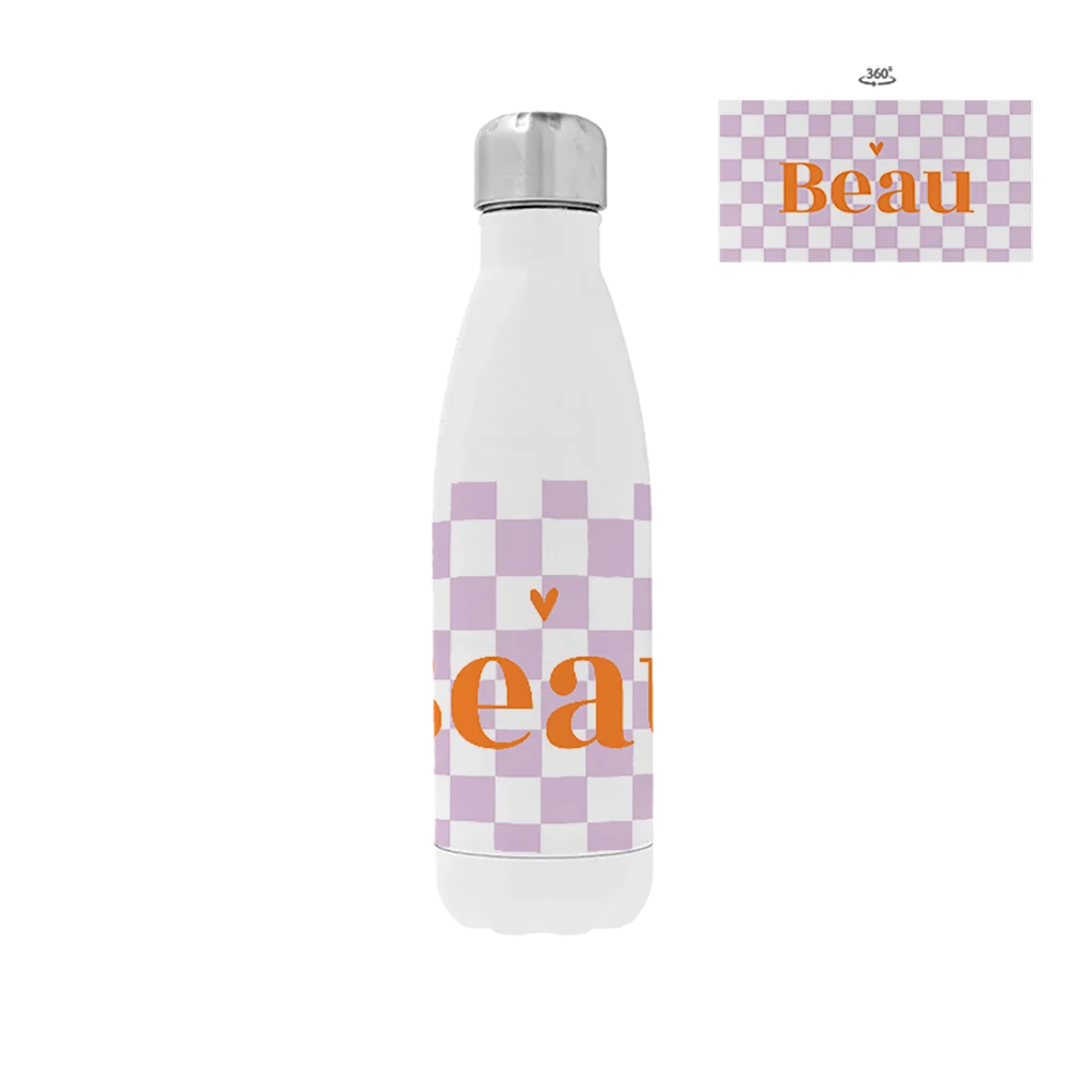 Rvs drinkfles met naam, lila ruitjes en oranje accenten